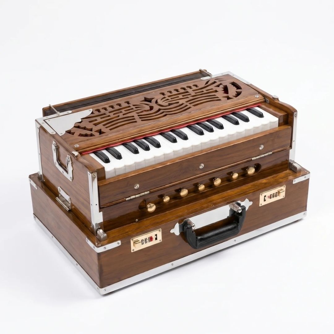 Premium Varanasi Handmade Concert Harmonium – Portable 32-Key Foldable Harmonium with Teak Wood Finish & Storage Case